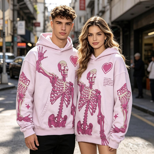 Pink Skeleton Heart Graphic Hoodie, Y2K Streetwear, Unisex Oversized Pullover