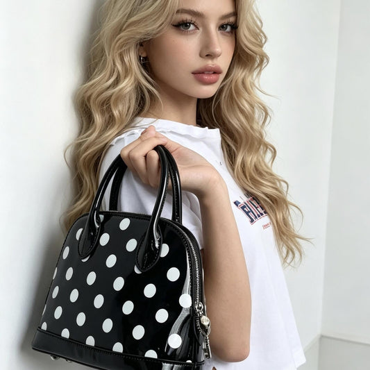 Black Patent Polka Dot Shell Bag | White Spots Mini Top Handle Crossbody