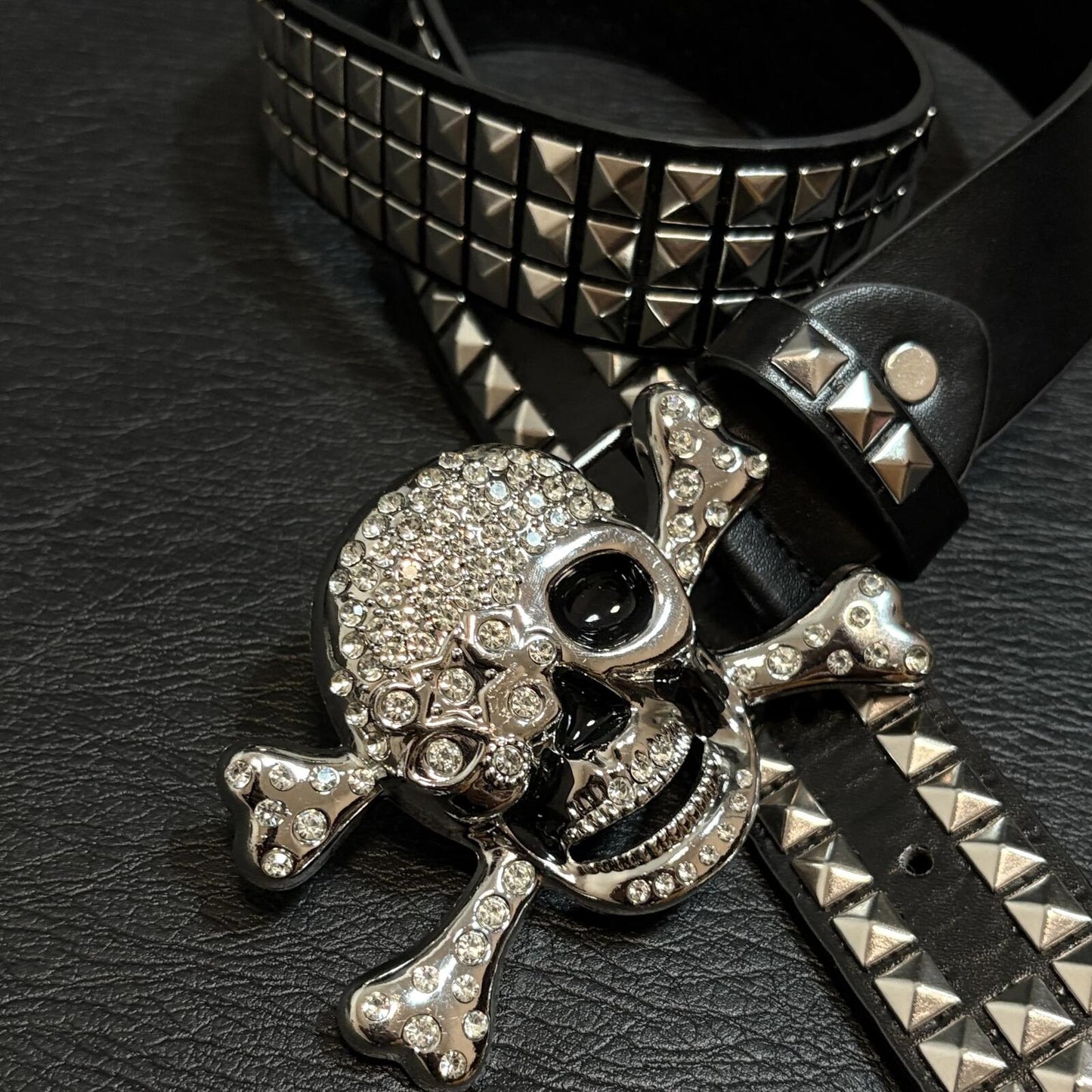 Rhinestone Skull Studded Belt – Punk Rock Cyber Grunge Gothic Leather Waistband