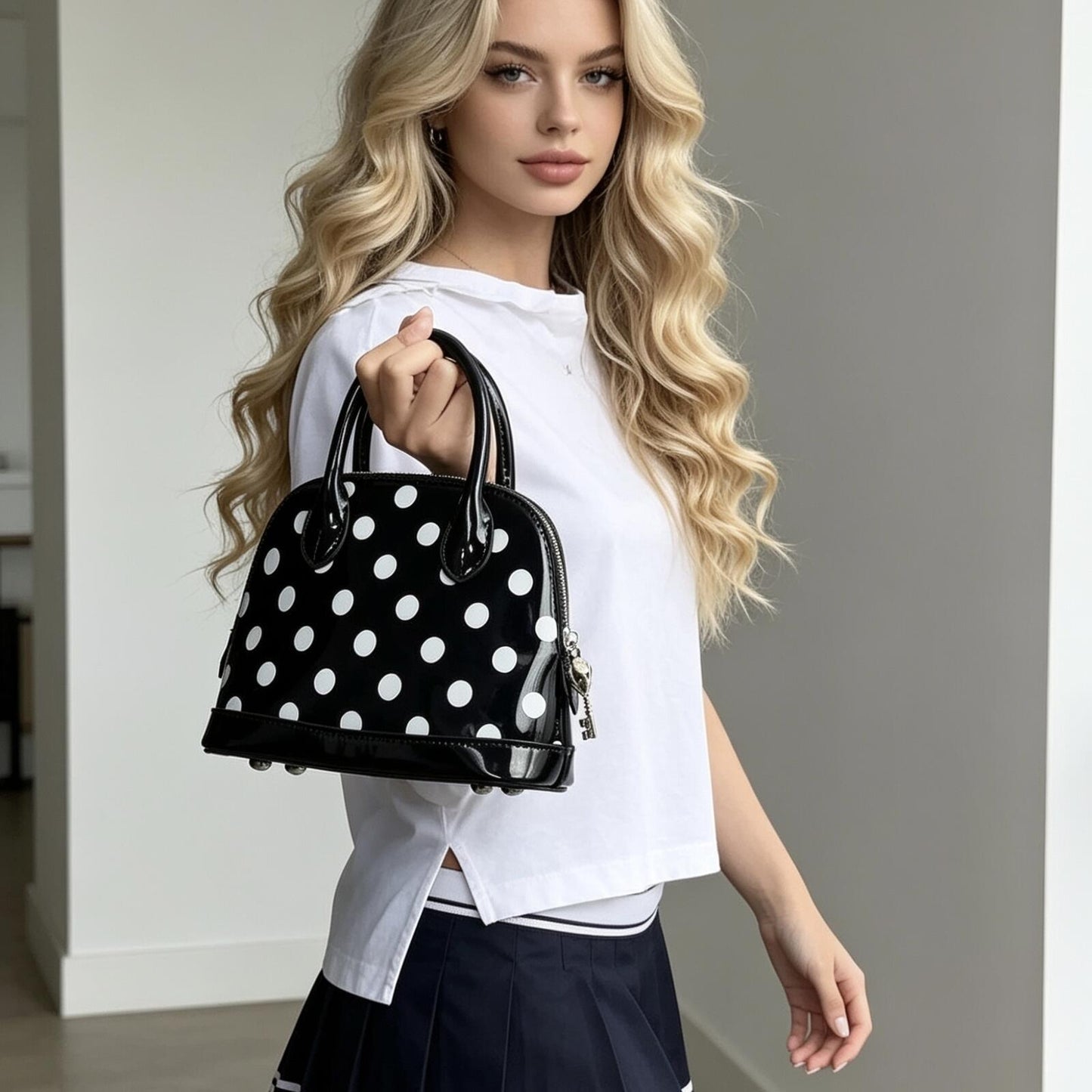 Black Patent Polka Dot Shell Bag | White Spots Mini Top Handle Crossbody