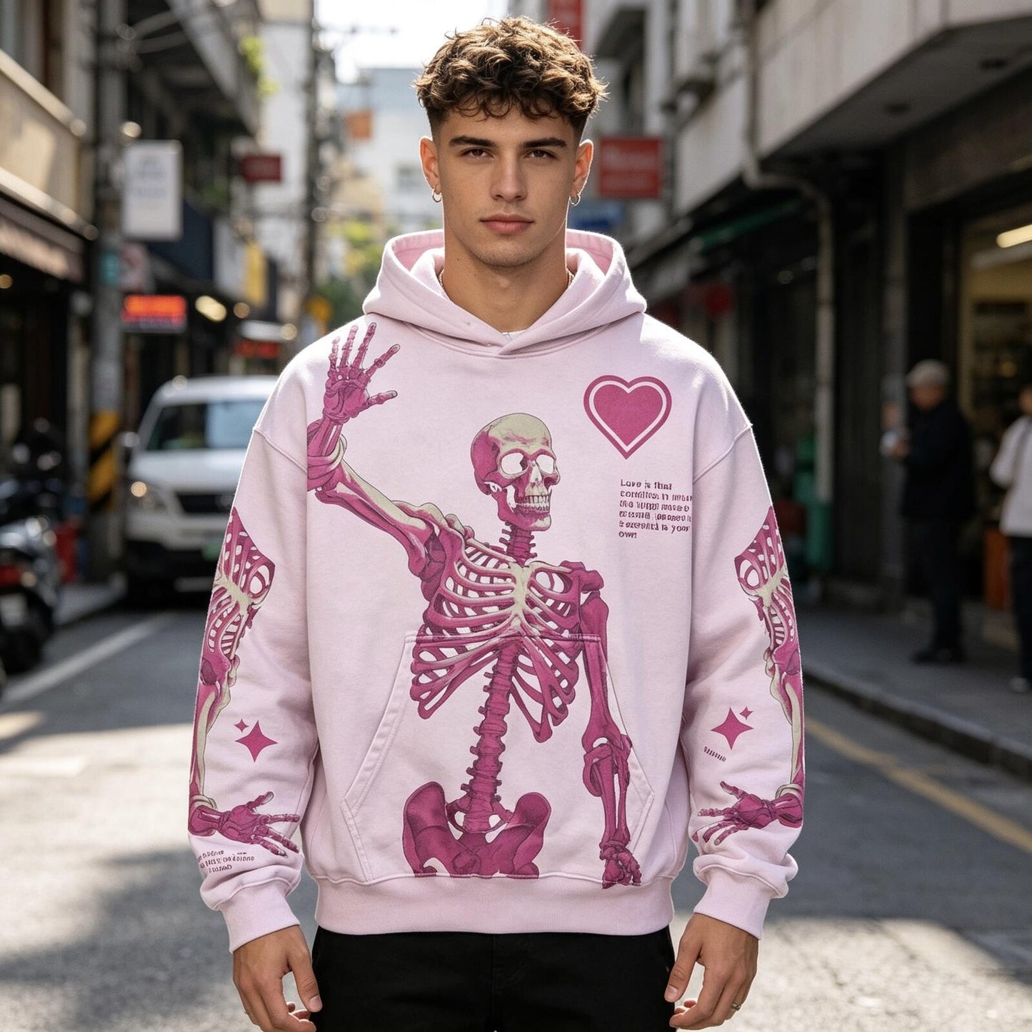 Pink Skeleton Heart Graphic Hoodie, Y2K Streetwear, Unisex Oversized Pullover