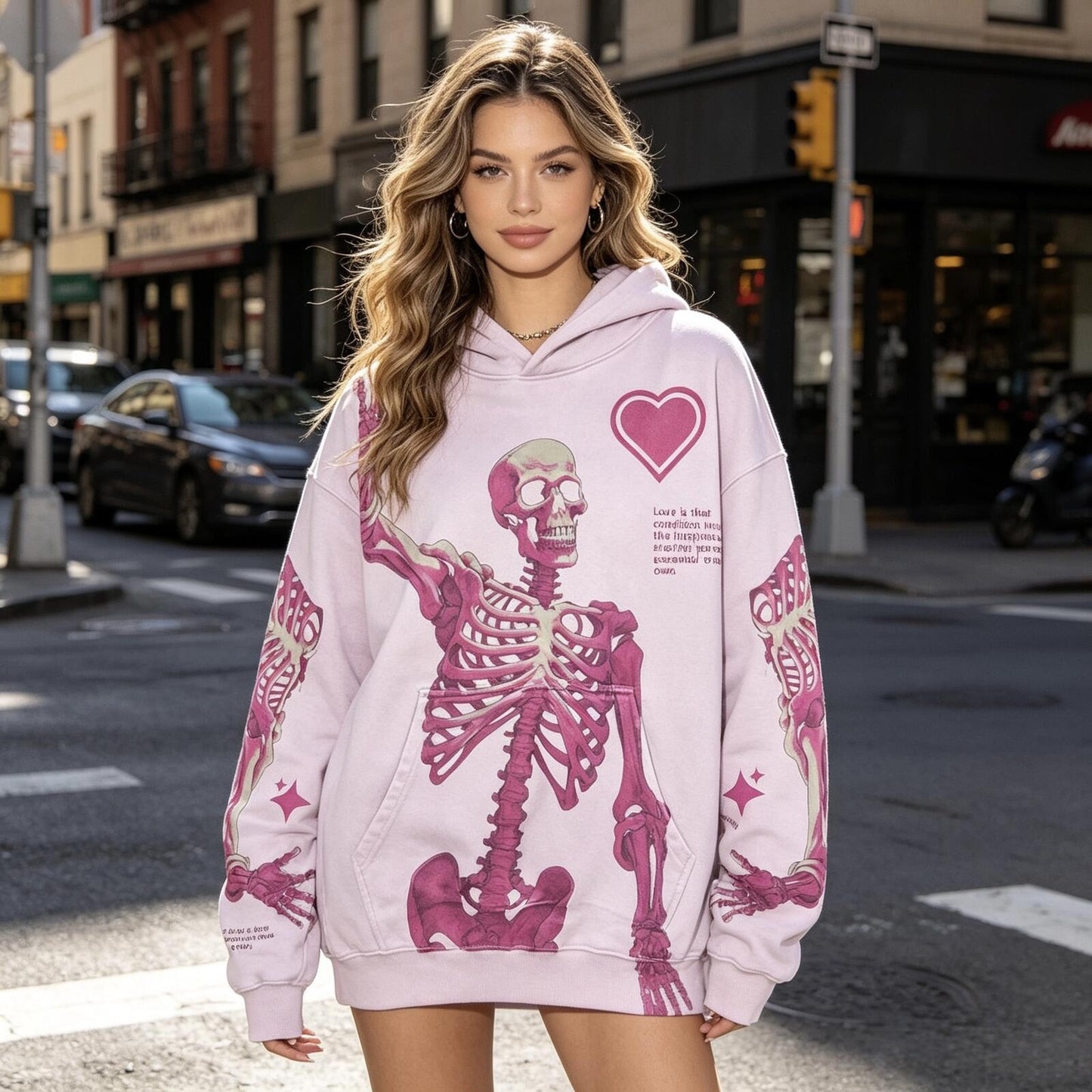 Pink Skeleton Heart Graphic Hoodie, Y2K Streetwear, Unisex Oversized Pullover