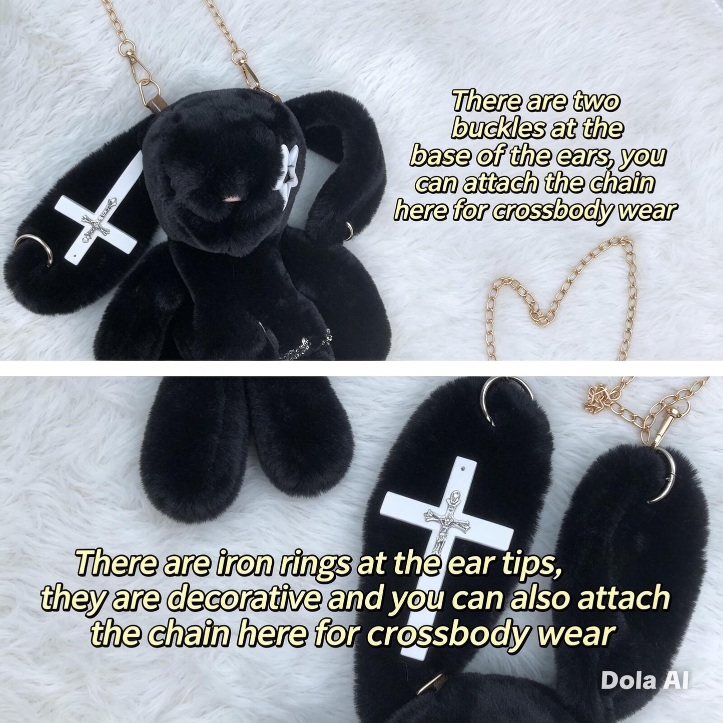 Black Fluffy Bunny Bag | Gothic Cross Star | 2-Way Crossbody + Backpack
