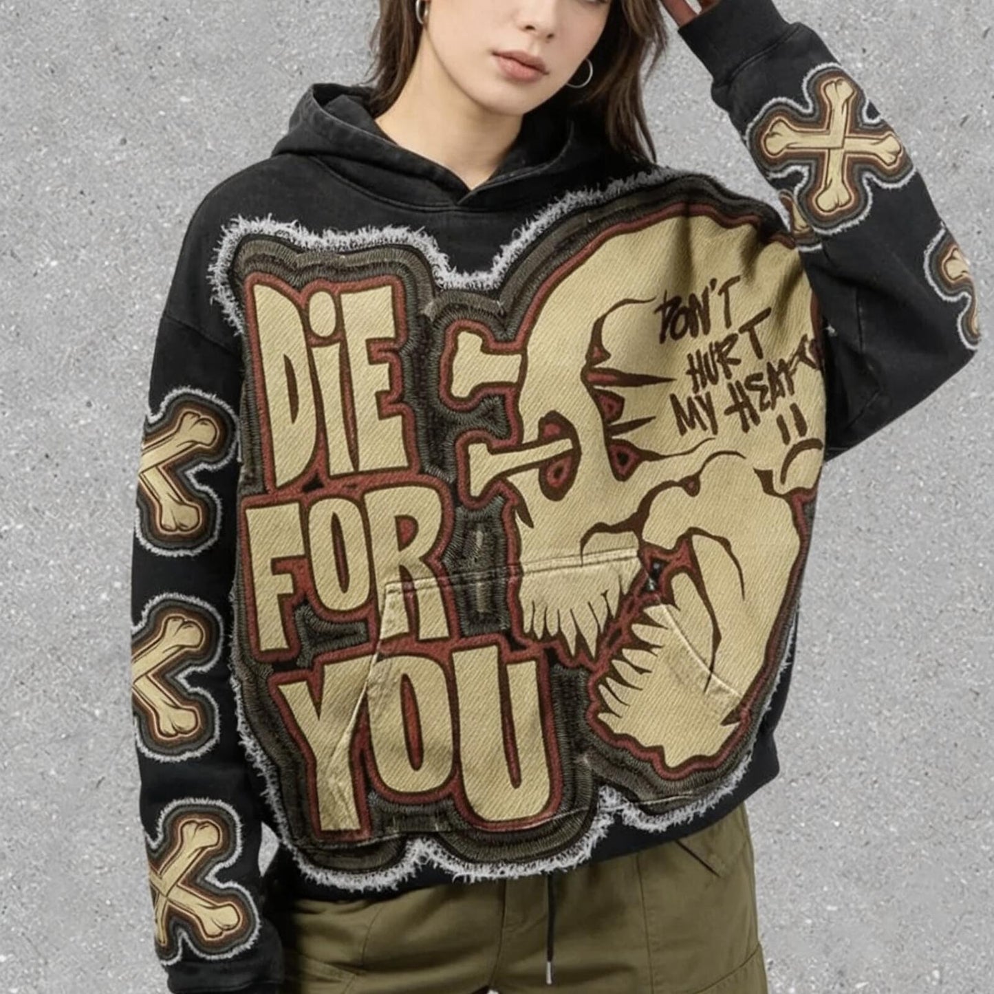 Unisex Skull Heart Graphic Hoodie - Oversized Streetwear Hooded Sweatshirt