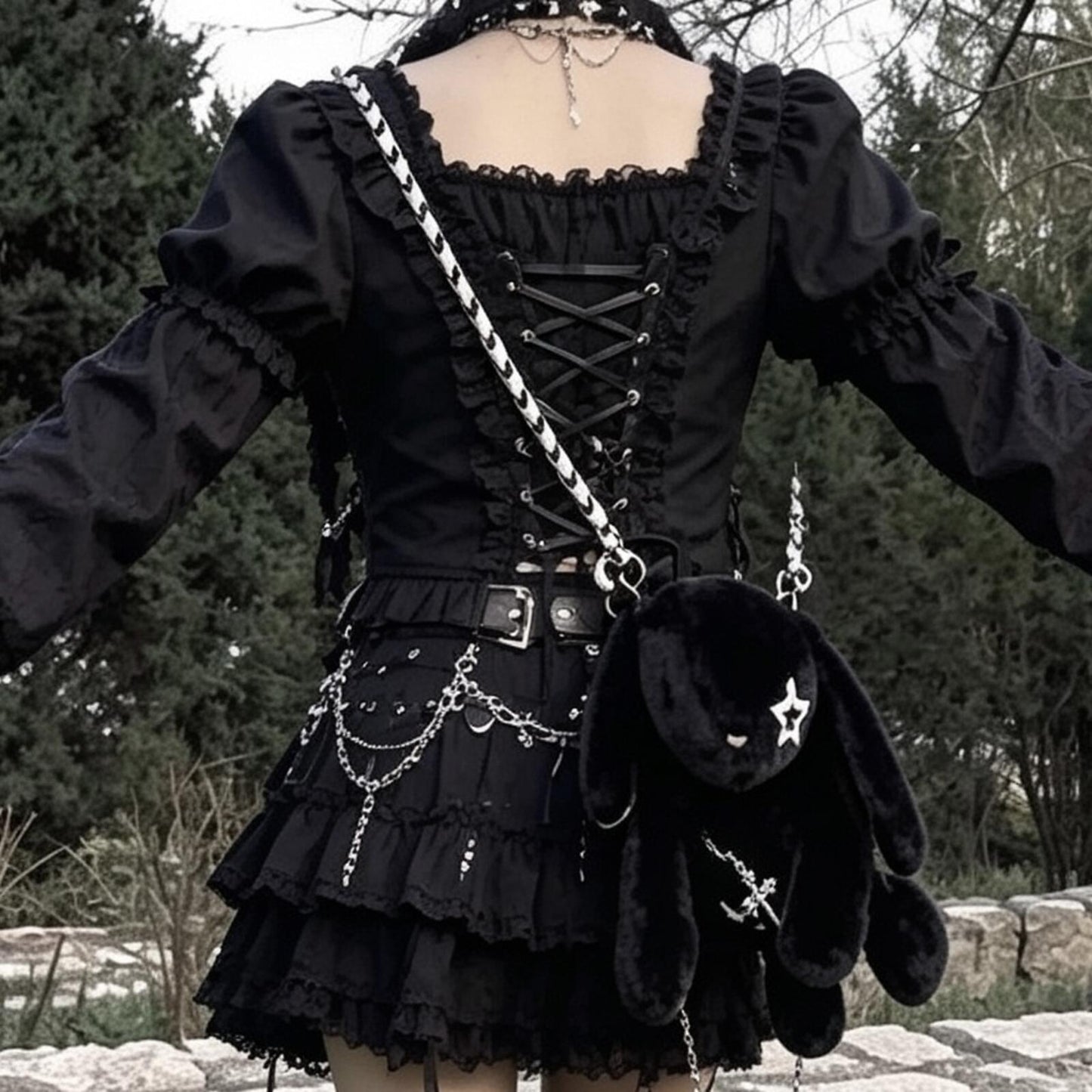 Black Fluffy Bunny Bag | Gothic Cross Star | 2-Way Crossbody + Backpack