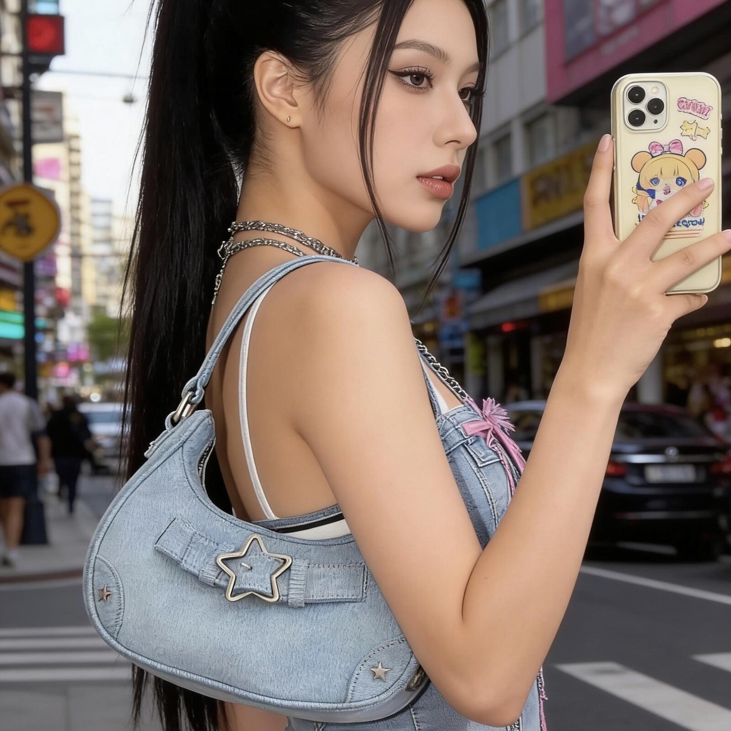 Retro Y2K Denim Star Buckle Underarm Bag – Vintage Aesthetic Grunge Shoulder Bag
