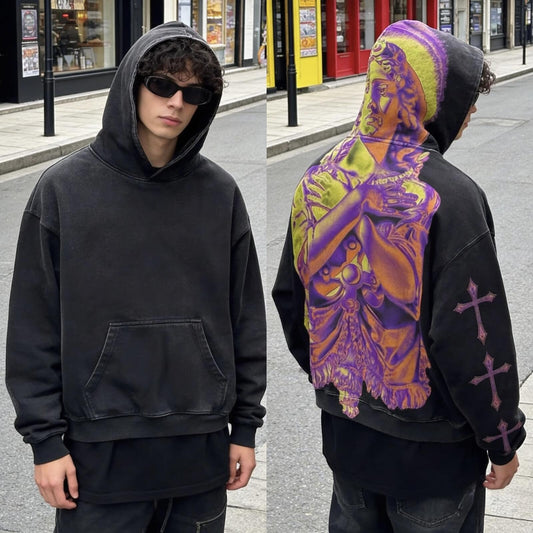 Neon Statue Graphic Hoodie | Oversized Streetwear Cross Print Hooded Sweatshirt