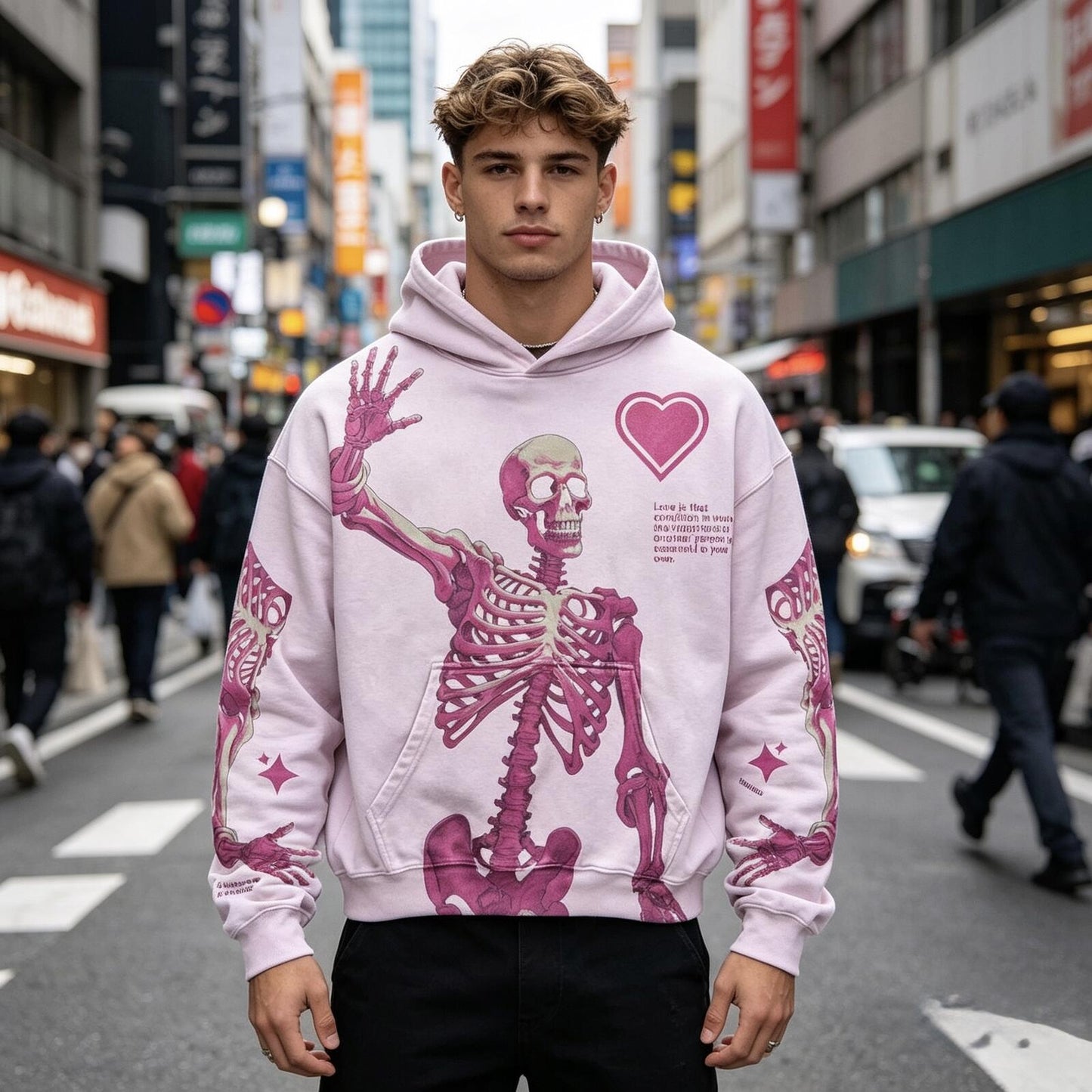 Pink Skeleton Heart Graphic Hoodie, Y2K Streetwear, Unisex Oversized Pullover
