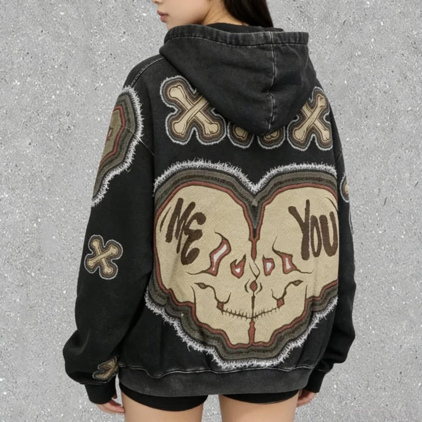 Unisex Skull Heart Graphic Hoodie - Oversized Streetwear Hooded Sweatshirt