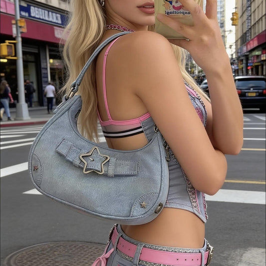 Retro Y2K Denim Star Buckle Underarm Bag – Vintage Aesthetic Grunge Shoulder Bag