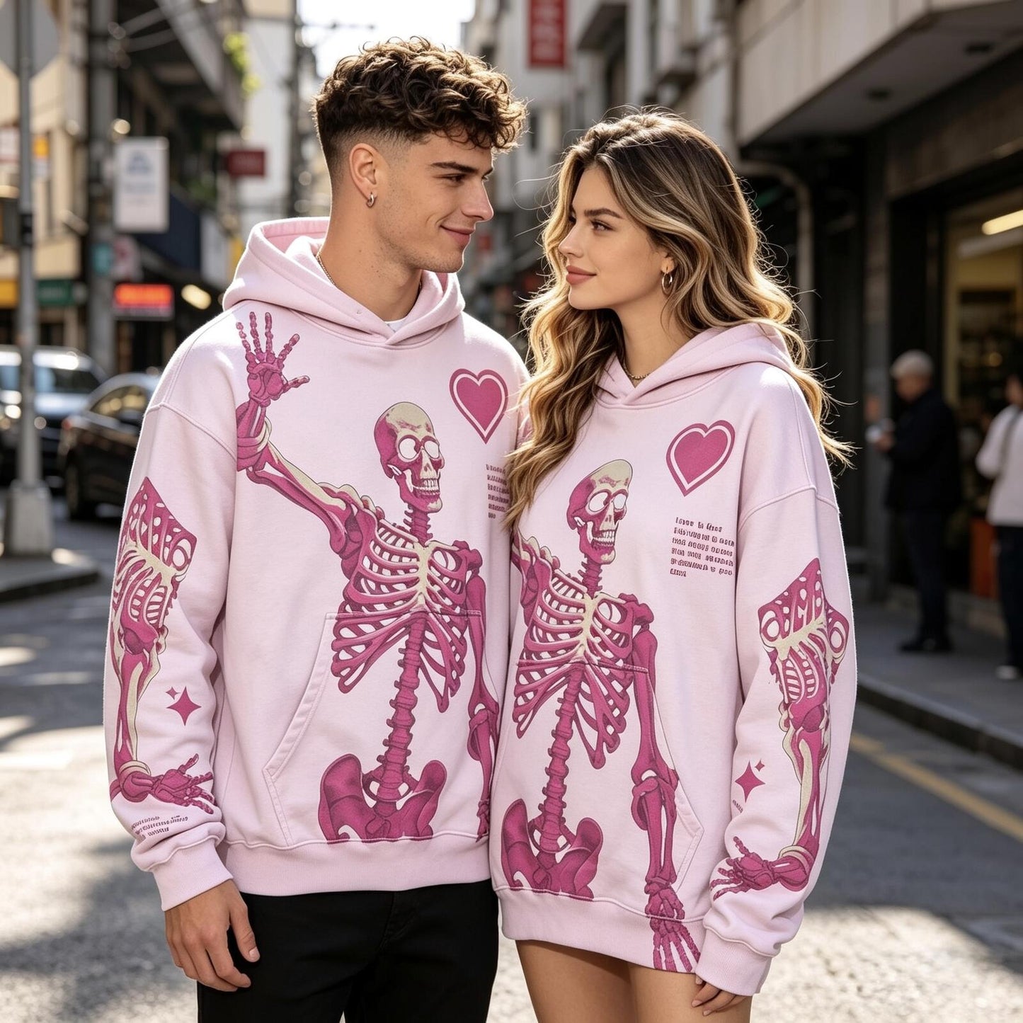 Pink Skeleton Heart Graphic Hoodie, Y2K Streetwear, Unisex Oversized Pullover