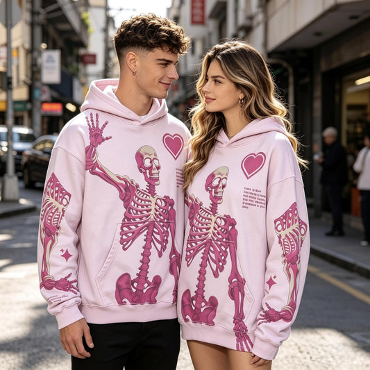 Pink Skeleton Heart Graphic Hoodie, Y2K Streetwear, Unisex Oversized Pullover
