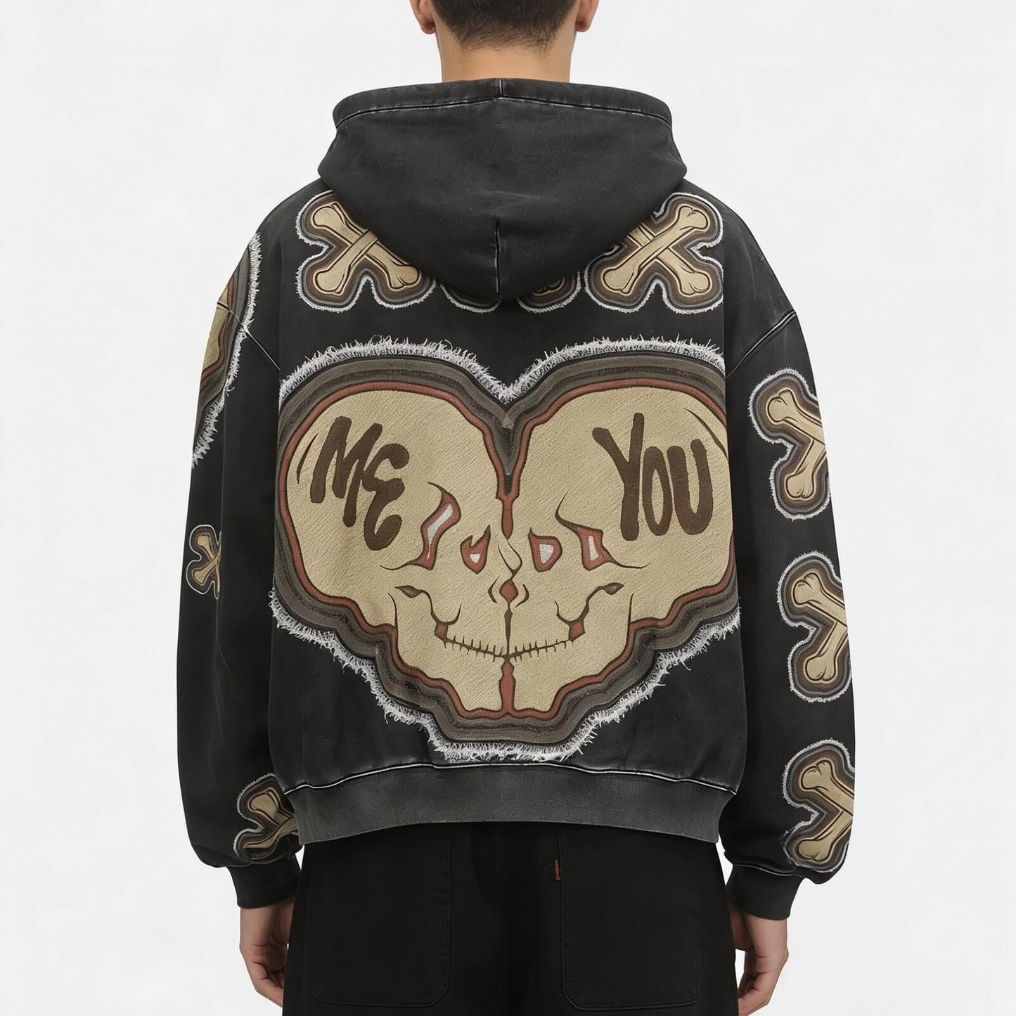 Unisex Skull Heart Graphic Hoodie - Oversized Streetwear Hooded Sweatshirt