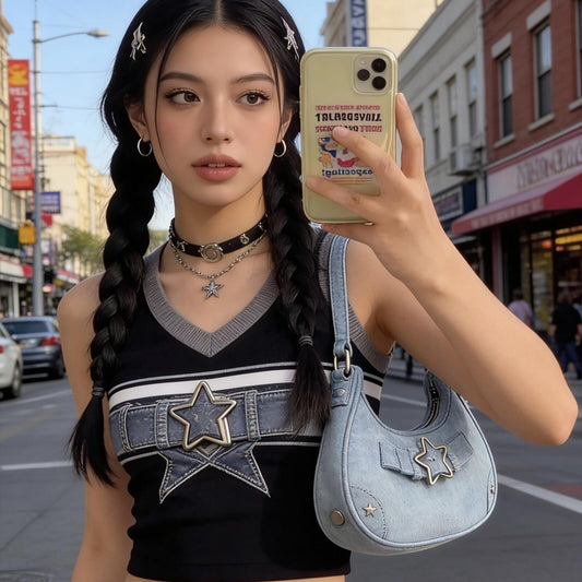 Retro Y2K Denim Star Buckle Underarm Bag – Vintage Aesthetic Grunge Shoulder Bag