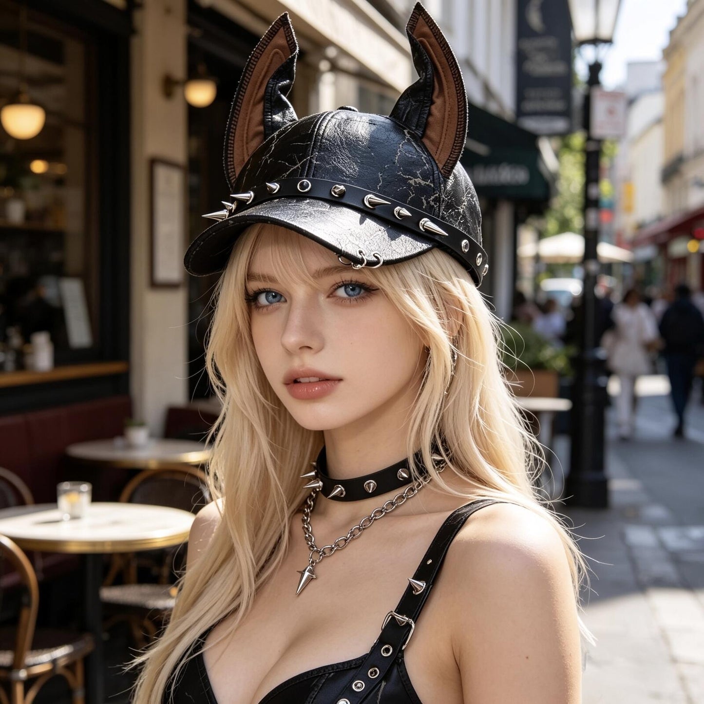 Y2K Punk Doberman Ear Studded Baseball Cap – Cyber-Goth Leather Rivet Streetwear