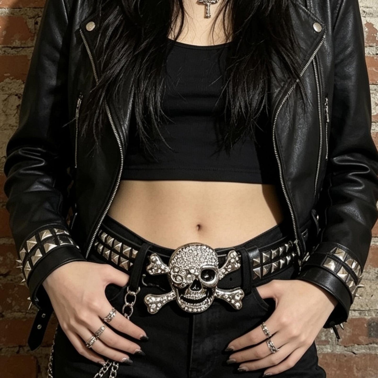 Rhinestone Skull Studded Belt – Punk Rock Cyber Grunge Gothic Leather Waistband