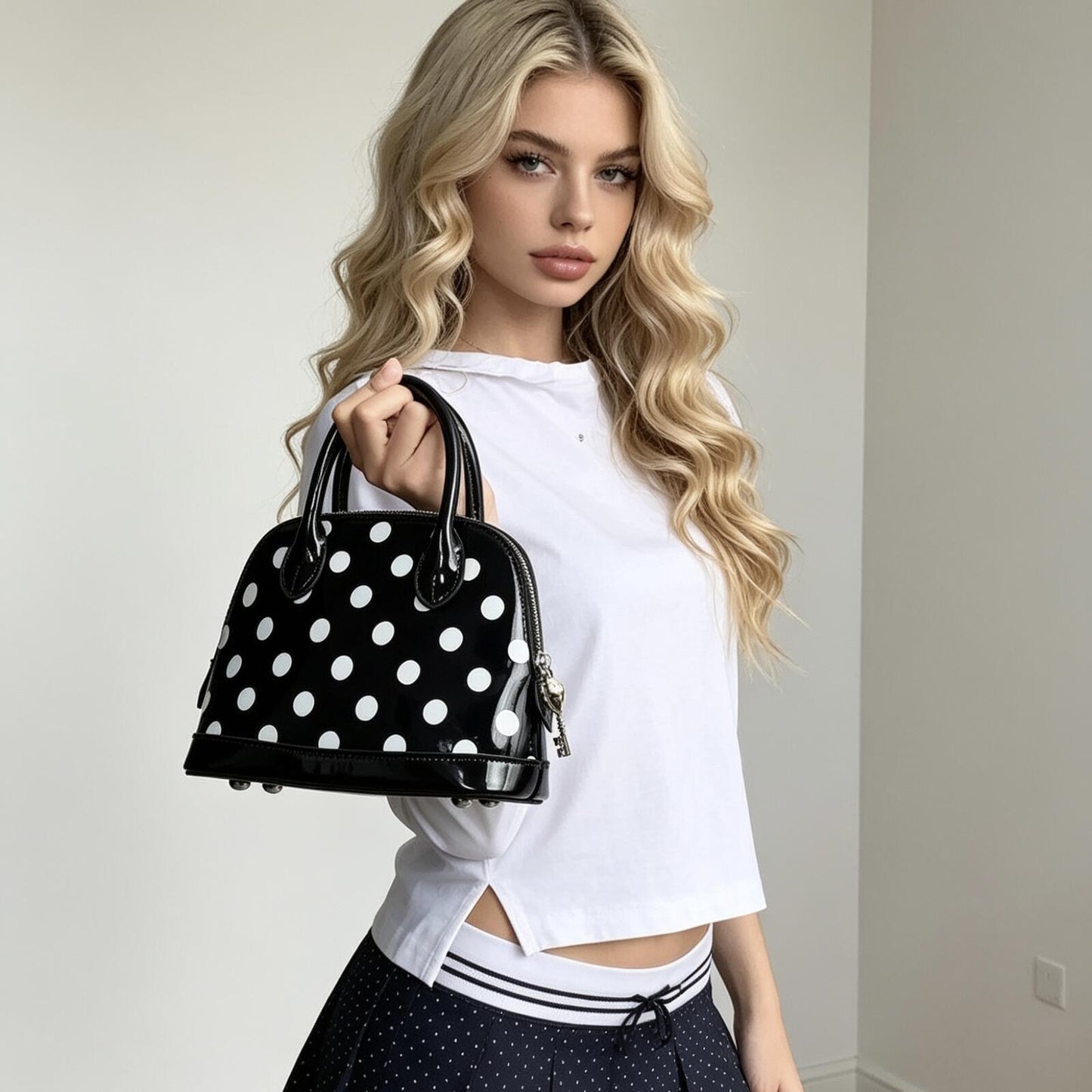 Black Patent Polka Dot Shell Bag | White Spots Mini Top Handle Crossbody