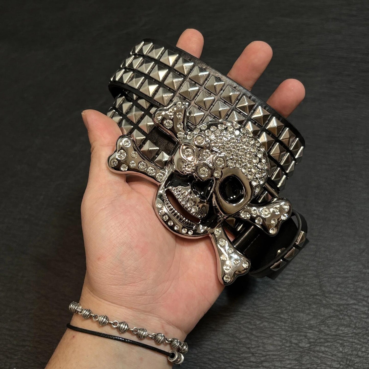 Rhinestone Skull Studded Belt – Punk Rock Cyber Grunge Gothic Leather Waistband