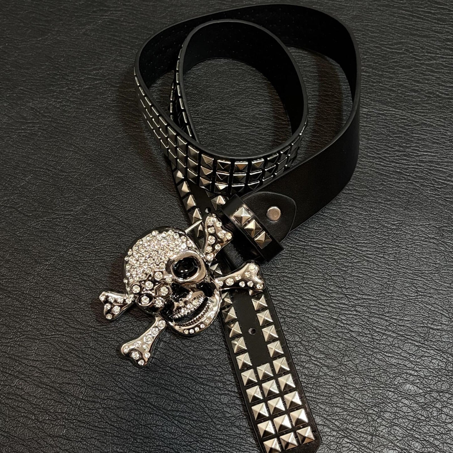 Rhinestone Skull Studded Belt – Punk Rock Cyber Grunge Gothic Leather Waistband