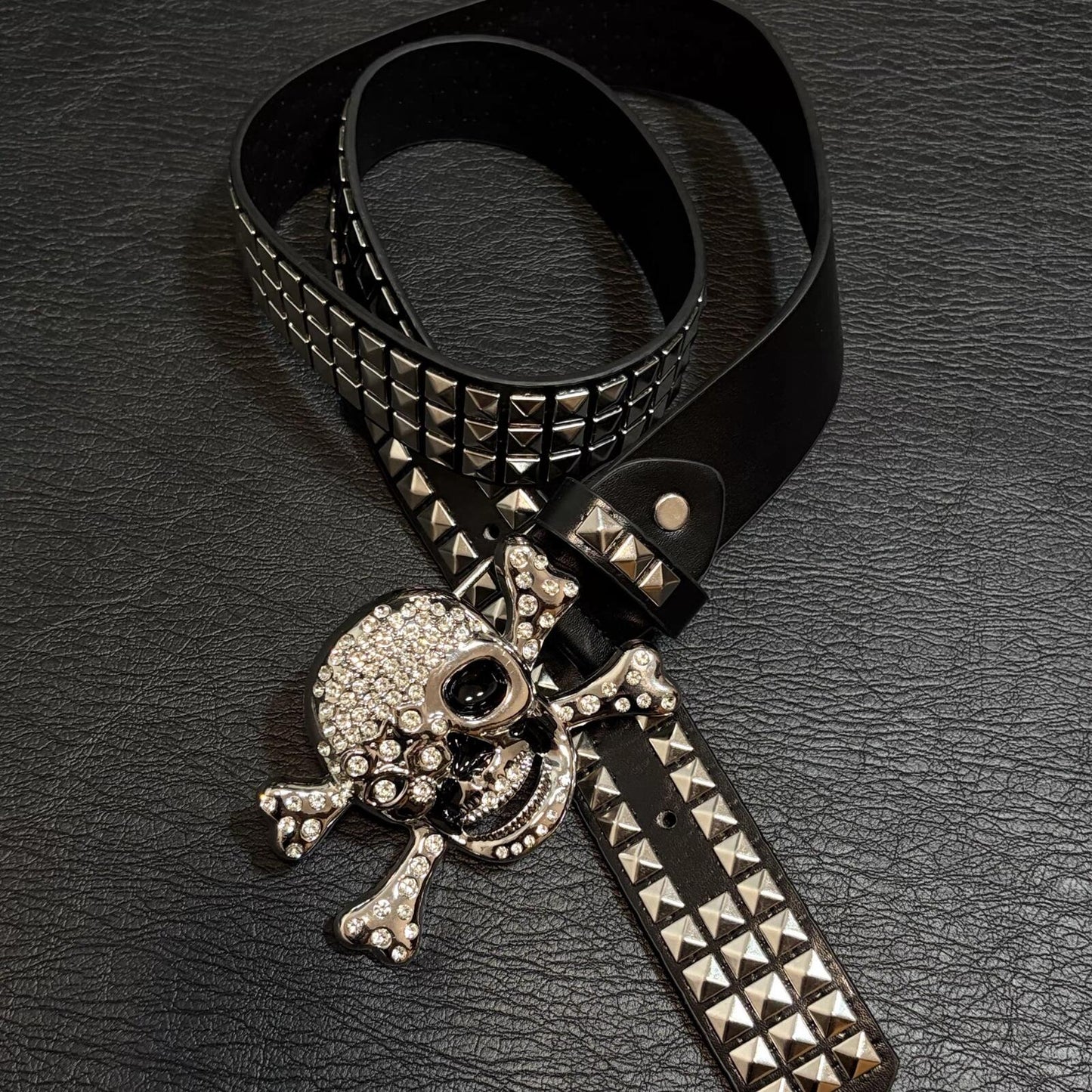 Rhinestone Skull Studded Belt – Punk Rock Cyber Grunge Gothic Leather Waistband