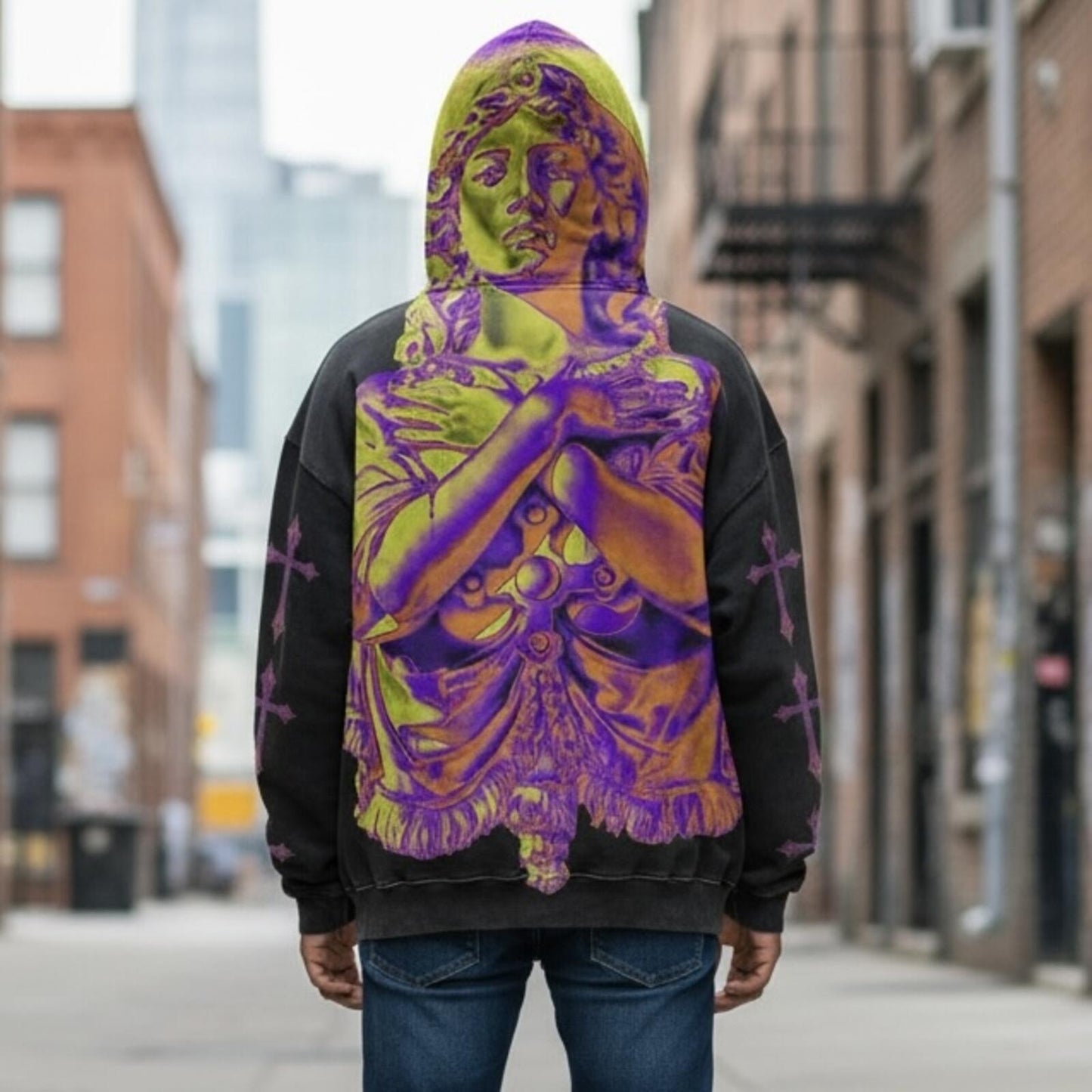 Neon Statue Graphic Hoodie | Oversized Streetwear Cross Print Hooded Sweatshirt