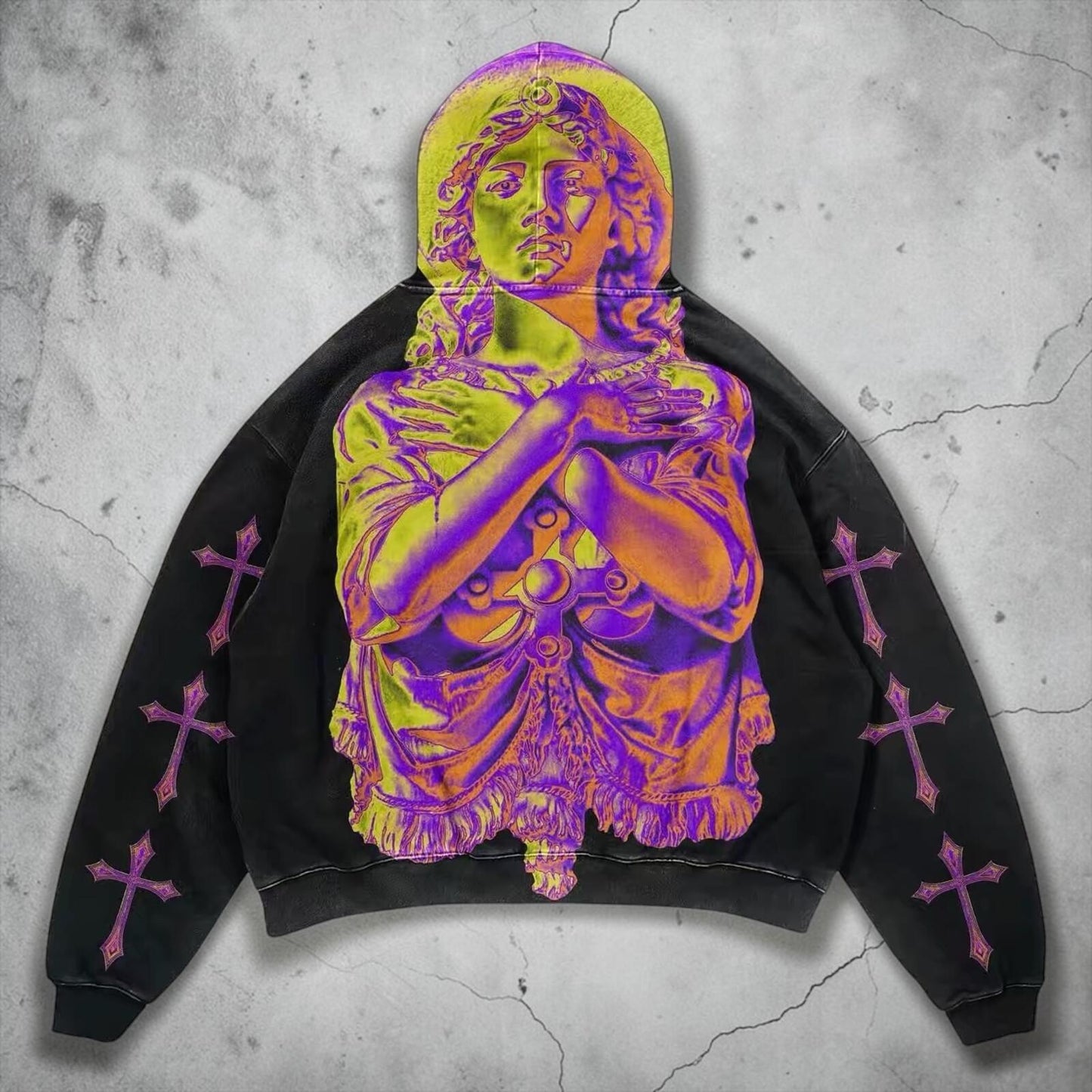 Neon Statue Graphic Hoodie | Oversized Streetwear Cross Print Hooded Sweatshirt