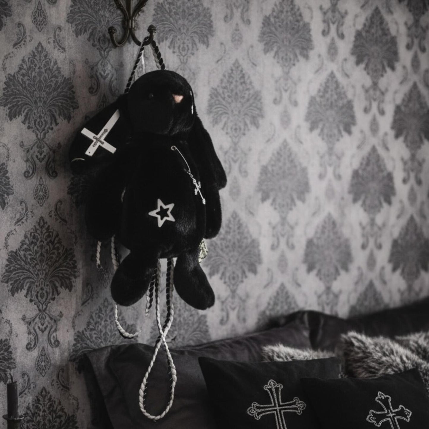 Black Fluffy Bunny Bag | Gothic Cross Star | 2-Way Crossbody + Backpack