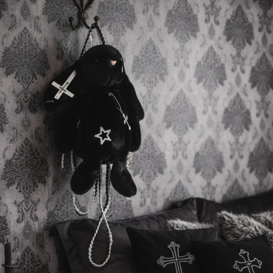 Black Fluffy Bunny Bag | Gothic Cross Star | 2-Way Crossbody + Backpack
