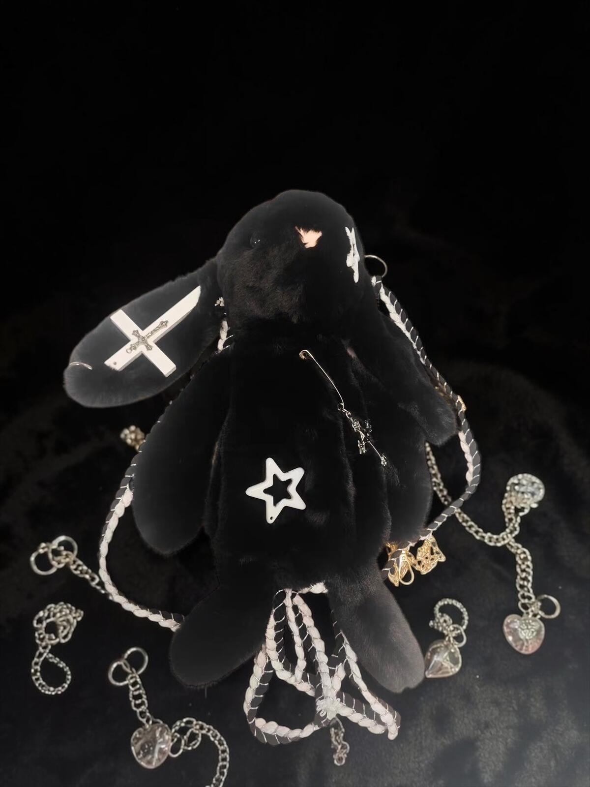 Black Fluffy Bunny Bag | Gothic Cross Star | 2-Way Crossbody + Backpack