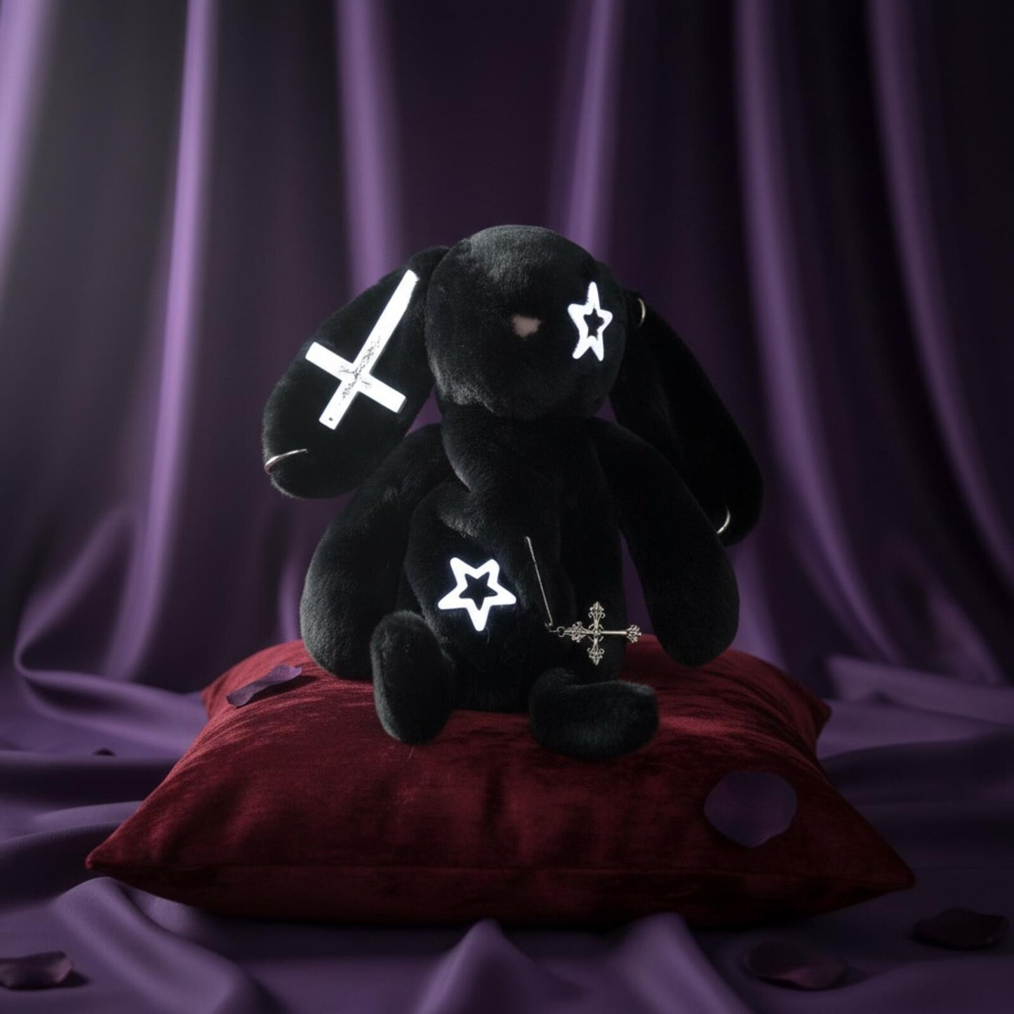 Black Fluffy Bunny Bag | Gothic Cross Star | 2-Way Crossbody + Backpack