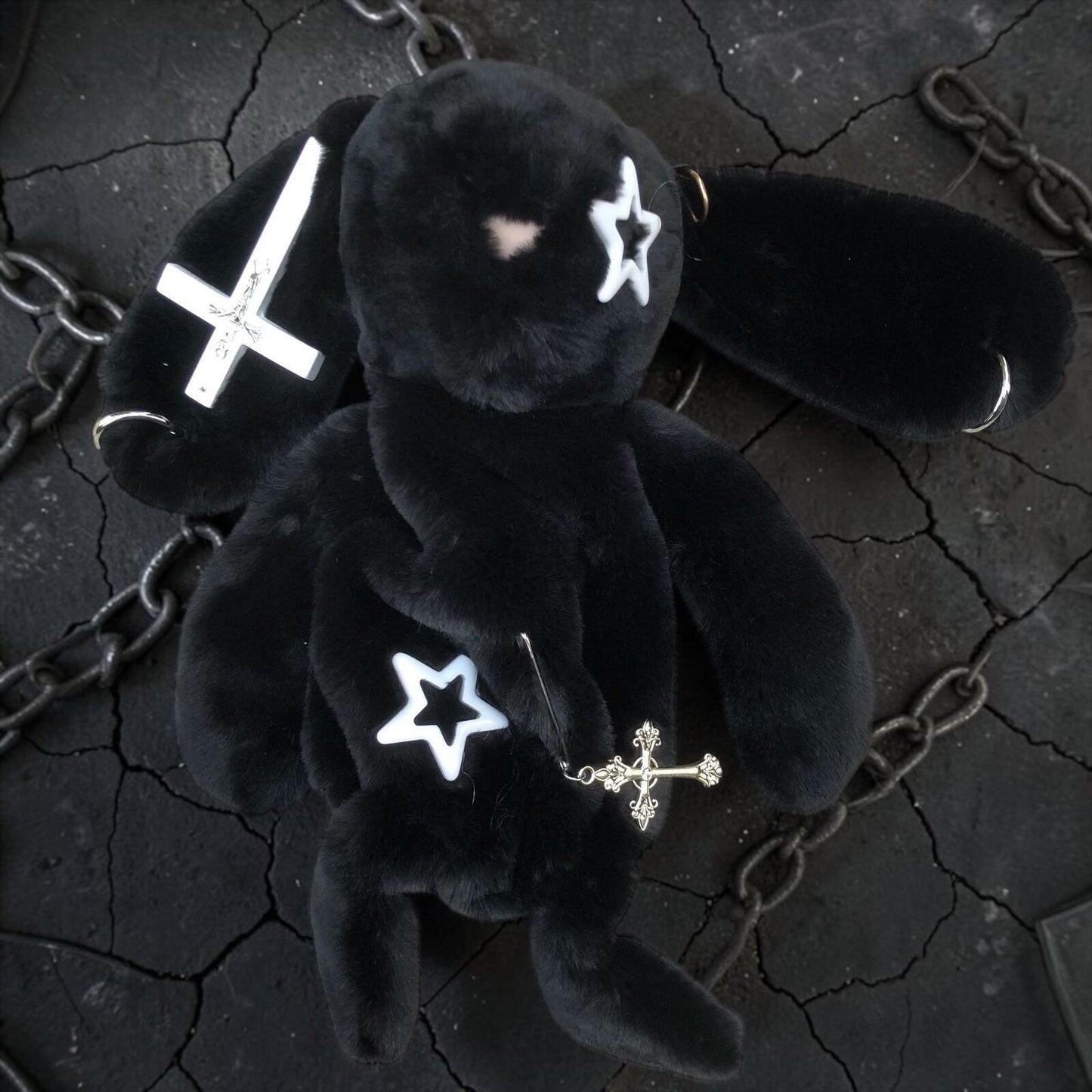 Black Fluffy Bunny Bag | Gothic Cross Star | 2-Way Crossbody + Backpack
