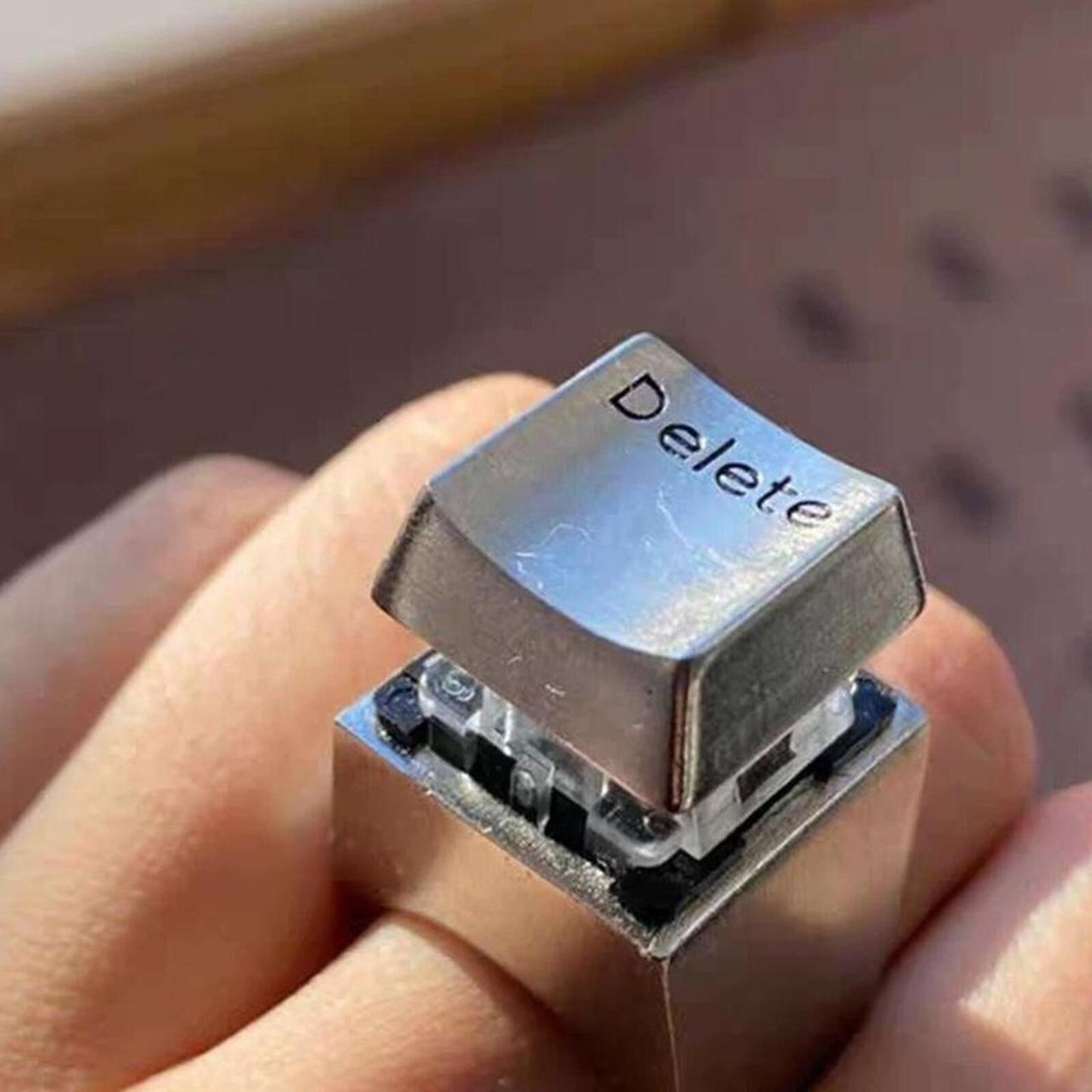 Silver Tone Delete Key Ring - Chunky Novelty Jewelry